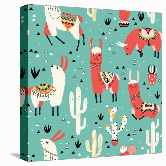 Llamas and Cactus on Green Background-Lidiebug-Stretched Canvas