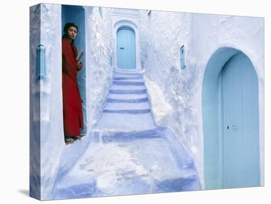 Local Woman Steps Out into Whitewashed Streets of Rif Mountains Town of Chefchaouen, Morocco-Andrew Watson-Premier Image Canvas