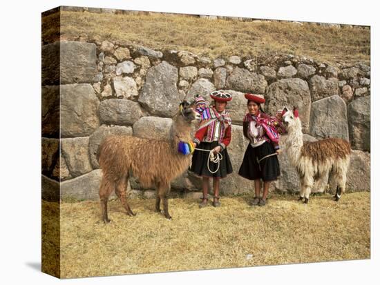 Local Women and Llamas in Front of Inca Ruins, Near Cuzco, Peru, South America-Gavin Hellier-Premier Image Canvas