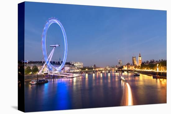 London Eye and Big Ben on the Banks of Thames River at Twilight-ollirg-Premier Image Canvas