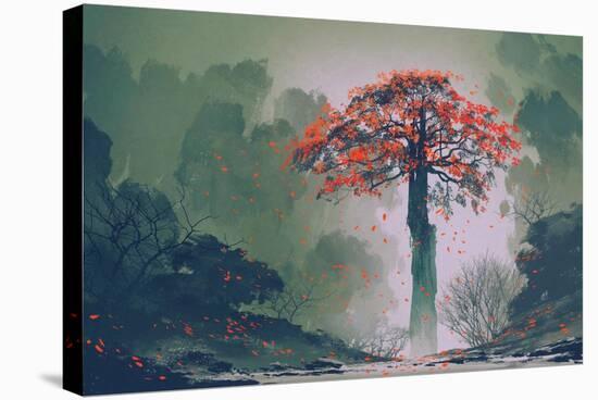 Lonely Red Autumn Tree with falling Leaves in Winter Forest,Landscape Painting-Tithi Luadthong-Stretched Canvas