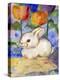 Lonely WHite Bunny Rabbit in the Tulips & Rain-sylvia pimental-Stretched Canvas