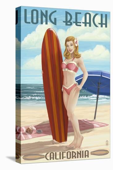 Long Beach, California - Pinup Surfer Girl-Lantern Press-Stretched Canvas