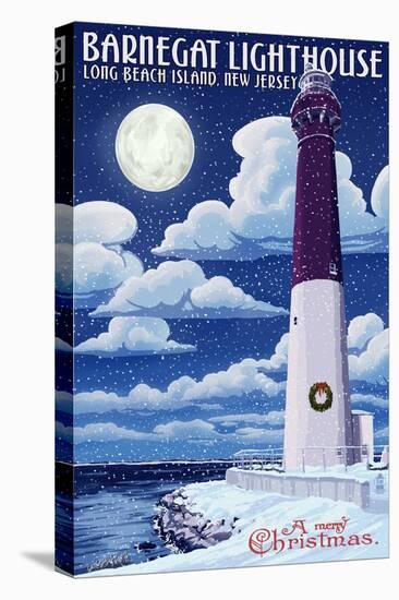 Long Beach Island, New Jersey - Barnegat Lighthouse Christmas Scene-Lantern Press-Stretched Canvas