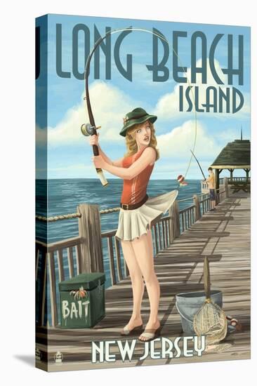 Long Beach Island, New Jersey - Fishing Pinup Girl-Lantern Press-Stretched Canvas