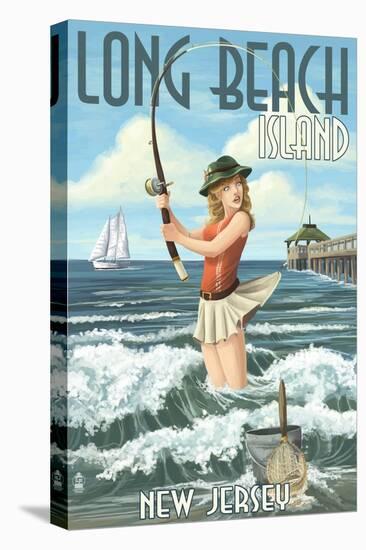 Long Beach Island, New Jersey - Pinup Girl Fishing-Lantern Press-Stretched Canvas