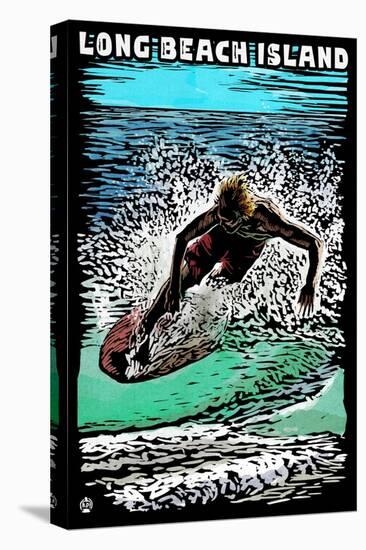Long Beach Island - Scratchboard Surfer-Lantern Press-Stretched Canvas