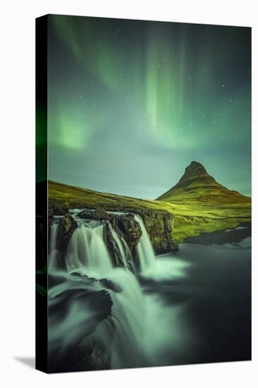 Long exposure landscape with waterfalls and aurora borealis above Kirkjufell Mountain, Snaefellsnes-ClickAlps-Premier Image Canvas
