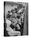 Los Angeles Angels Players Albie Pearson and Bill Moran in Dugout at Stadium During Practice-Ralph Crane-Premier Image Canvas