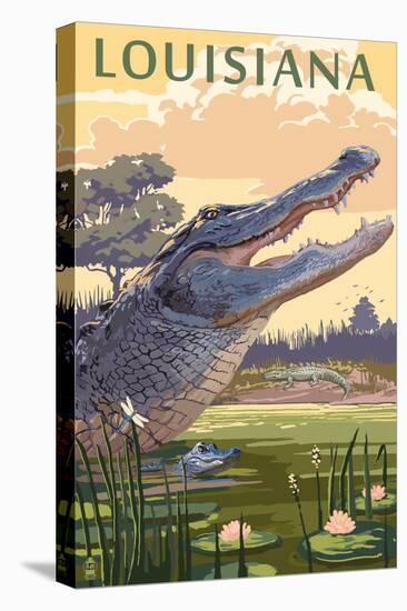 Louisiana - Alligator and Baby-Lantern Press-Stretched Canvas