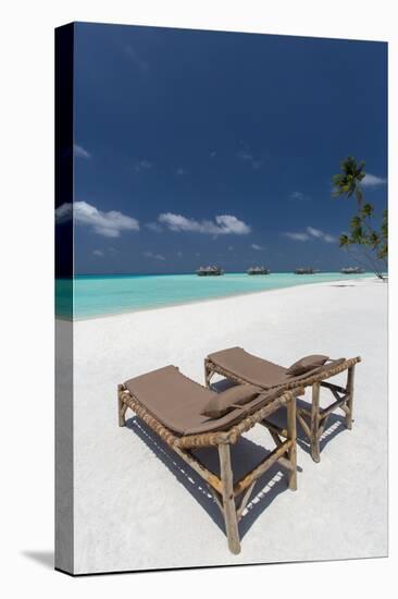 Lounge Chairs and Tropical Beach, Water Villas and Palm Trees, Maldives, Indian Ocean, Asia-Sakis Papadopoulos-Premier Image Canvas