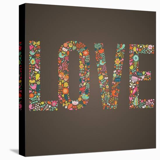 Love Word Made of Flowers, Birds and Leafs-smilewithjul-Stretched Canvas