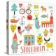 Lovely Stockholm Sweden Set in Vector. Sweet Stylish Scandinavian Set with House, Church, Gnome, Bi-smilewithjul-Stretched Canvas