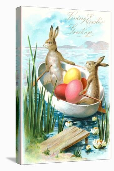 Loving Easter Greetings, Rabbits in Rowboat-null-Stretched Canvas