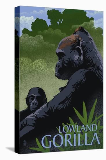 Lowland Gorilla - Lithograph Series-Lantern Press-Stretched Canvas