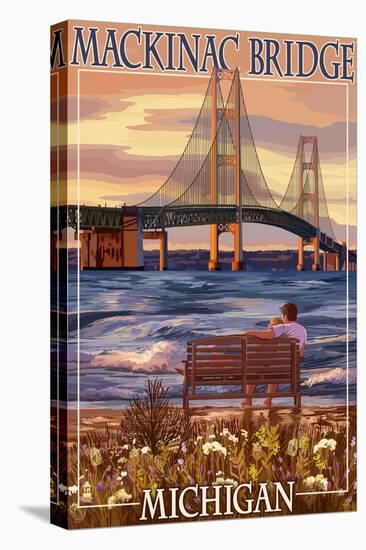 Mackinac Bridge and Sunset, Michigan-Lantern Press-Stretched Canvas