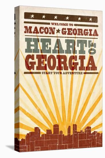 Macon, Georgia - Skyline and Sunburst Screenprint Style-Lantern Press-Stretched Canvas