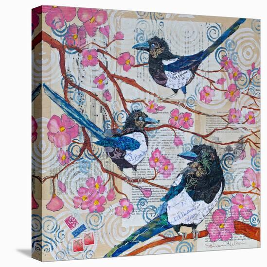 Magpies And Pink Blossoms-null-Stretched Canvas