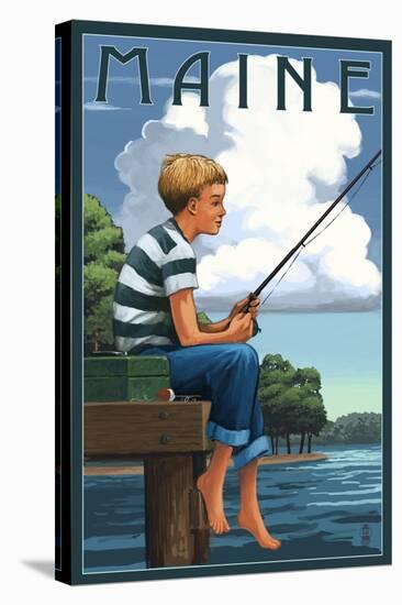 Maine - Boy Fishing-Lantern Press-Stretched Canvas
