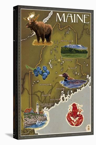 Maine Map and Icons-Lantern Press-Stretched Canvas