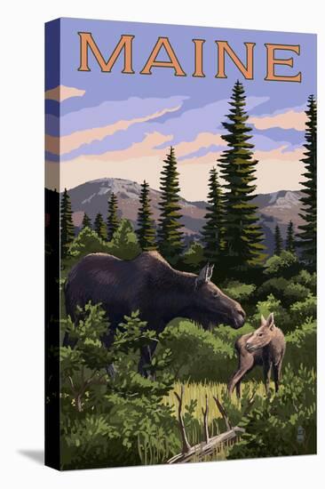 Maine - Moose and Baby Scene-Lantern Press-Stretched Canvas