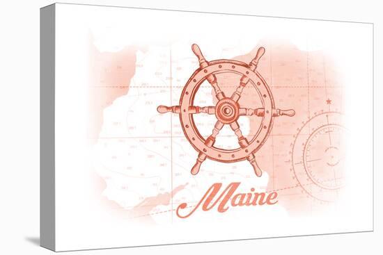 Maine - Ship Wheel - Coral - Coastal Icon-Lantern Press-Stretched Canvas