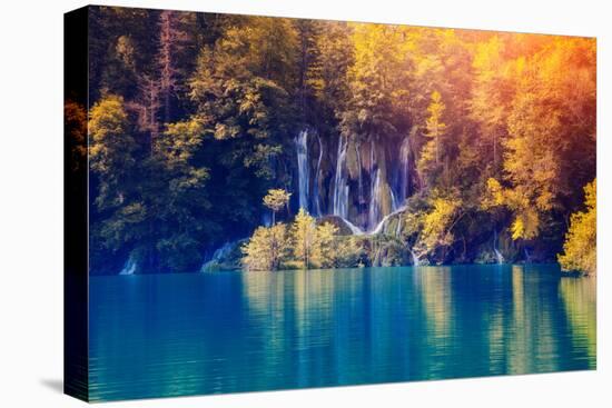 Majestic View on Waterfall with Turquoise Water and Sunny Beams in Plitvice Lakes National Park. Fo-Leonid Tit-Premier Image Canvas