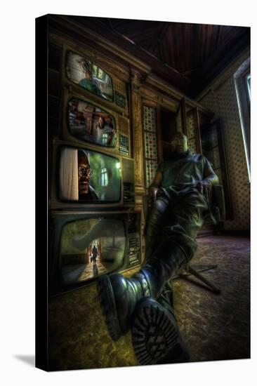 Male Figure in Abandoned Building with Televisions-Nathan Wright-Premier Image Canvas