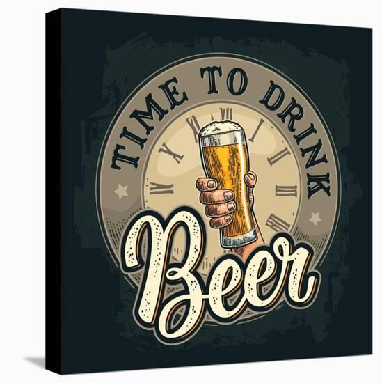 Male Hand Holding A Beer Glass. Born to Drink Lettering. Vintage Color Vector Engraving Illustratio-MoreVector-Stretched Canvas
