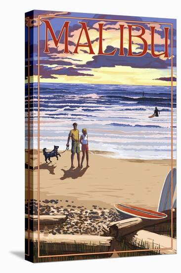 Malibu, California - Beach Scene and Surfers-Lantern Press-Stretched Canvas
