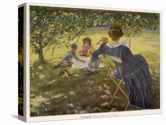 Mama Sits Reading Her Book While the Children and Dog Play at a Tea-Party on the Lawn-null-Premier Image Canvas