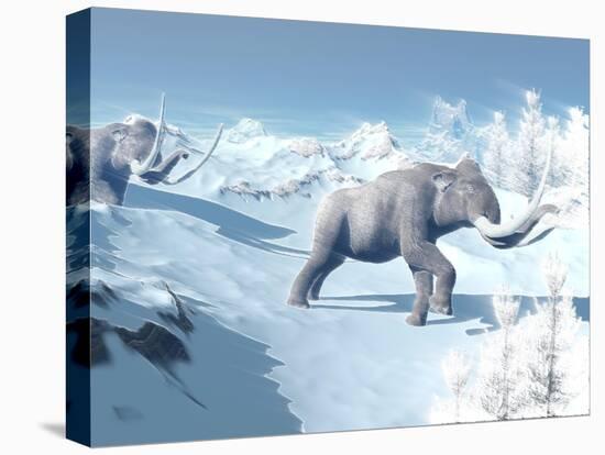 Mammoths Walking Slowly on the Snowy Mountain Against the Wind-null-Stretched Canvas