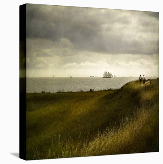 Man and Woman Walking Along a Path by the Sea with Tall Ships-Luis Beltran-Premier Image Canvas