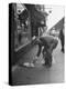 Man Bending over to Touch Cat Sitting on Sidewalk-Nina Leen-Premier Image Canvas