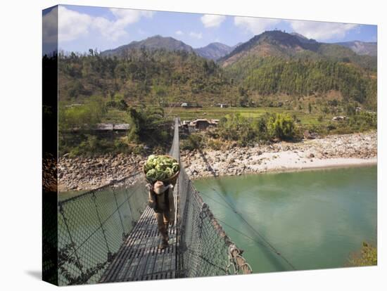 Man Carrying Vegetables across a Rope Bridge, Bandare Village, Trisuli Valley, Nepal-Jane Sweeney-Premier Image Canvas