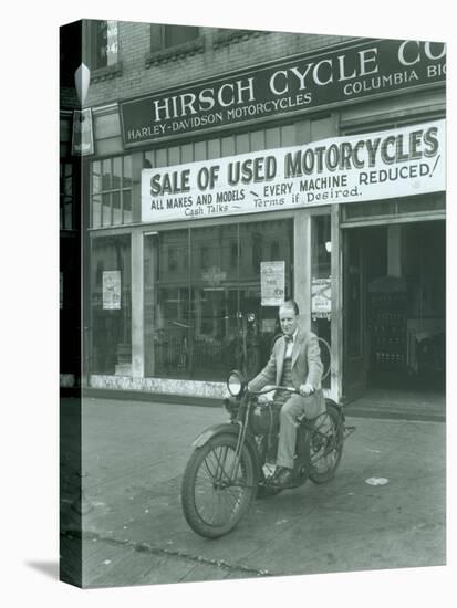 Man on Harley Davidson Motocycle at Hirsch Cycle Co., 1927-Chapin Bowen-Premier Image Canvas