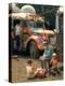 Man Seated with Two Young Boys in Front of a Wildly Painted School Bus, Woodstock Music Art Fest-John Dominis-Premier Image Canvas
