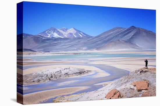 Man Standing on Rocks Looking over Miscanti Laguna, Turquoise Mineral Lake, San Pedro De Atacama-Kimberly Walker-Premier Image Canvas