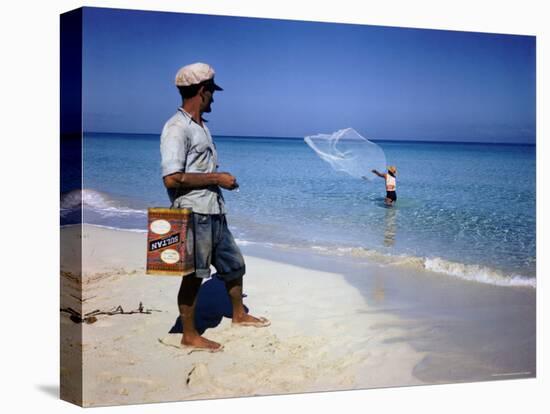 Man Watching Fisherman with a Net Working Along Varadero Beach-Eliot Elisofon-Premier Image Canvas