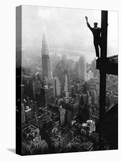 Man Waving from Empire State Building Construction Site-null-Premier Image Canvas