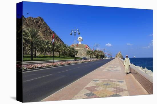 Man Wearing Dishdasha Walks Along Mutrah Corniche with National Flags, Middle East-Eleanor Scriven-Premier Image Canvas