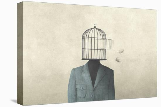 man with open birdcage over his head, surreal freedom concept-Francesco Chiesa-Stretched Canvas