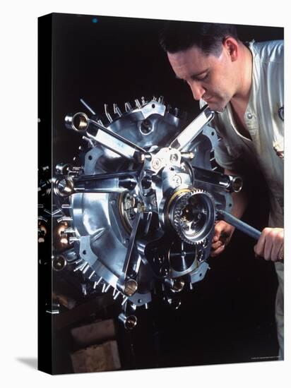 Man Working on Power Section of 'Wasp' Airplane Engine at Pratt and Whitney Aircraft Parts Factory-Dmitri Kessel-Premier Image Canvas