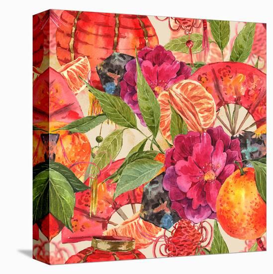 Mandarin Lotus Fan & Lampions-null-Stretched Canvas