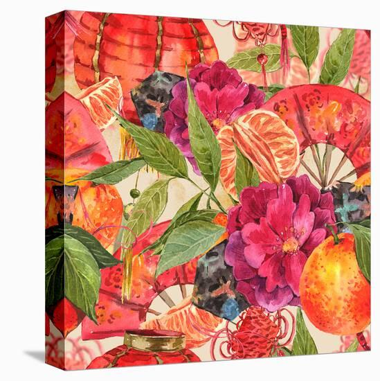 Mandarin Lotus Fan & Lampions-null-Stretched Canvas