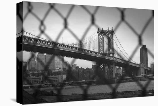 Manhattan Bridge in Black and White Through Chain Fence-null-Stretched Canvas