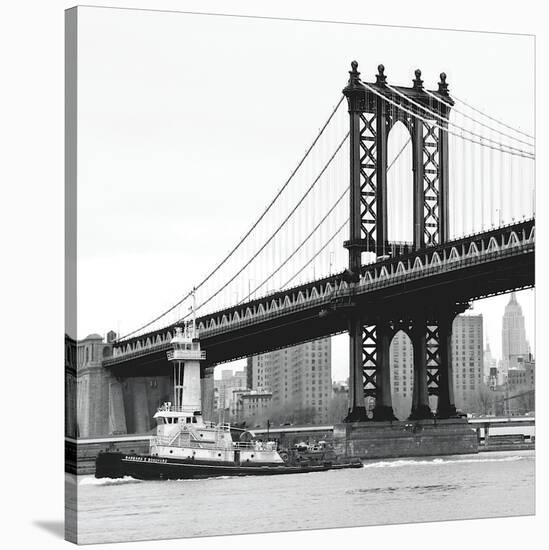 Manhattan Bridge with Tug Boat (b/w)-Erin Clark-Stretched Canvas