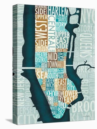 Manhattan Map Blue Brown-Michael Mullan-Stretched Canvas