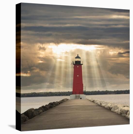 Manistique Lighthouse and Sunbeams, Manistique, Michigan '14-Monte Nagler-Stretched Canvas