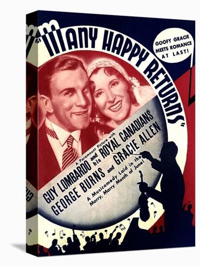 MANY HAPPY RETURNS, US ad art, from left: George Burns, Gracie Allen, Guy Lombardo, 1934-null-Stretched Canvas